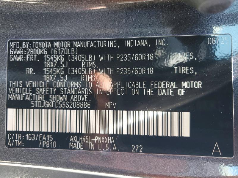 Aukcja sprzedaży 2025 Toyota Sienna, vin: 5TDJSKFC5SS208886, numer aukcji: 55622746