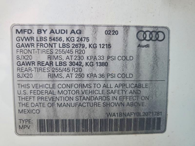 59189476 :رقم المزاد ، WA1BNAFY0L2071781 vin ، 2020 Audi Q5 مزاد بيع