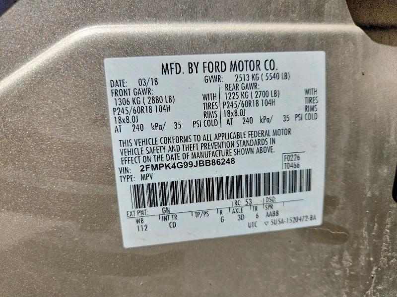 58333076 :رقم المزاد ، 2FMPK4G99JBB86248 vin ، 2018 Ford Edge مزاد بيع