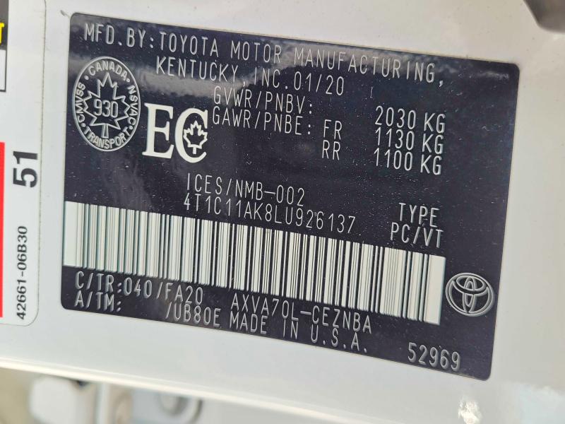 Aukcja sprzedaży 2020 Toyota Camry, vin: 4T1C11AK8LU926137, numer aukcji: 56542126
