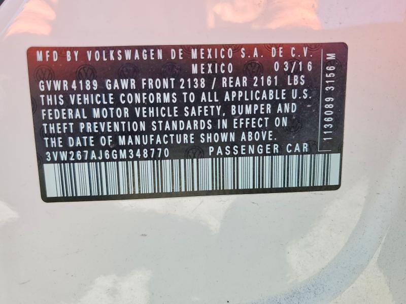 2016 Volkswagen Jetta მანქანა იყიდება აუქციონზე, vin: 3VW267AJ6GM348770, აუქციონის ნომერი: 58435206