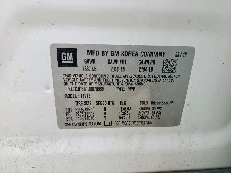 57777766 :رقم المزاد ، KL7CJPSB1JB670869 vin ، 2018 Chevrolet Trax مزاد بيع