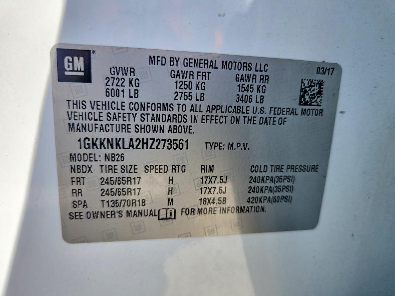 Aukcja sprzedaży 2017 Gmc Acadia, vin: 1GKKNKLA2HZ273561, numer aukcji: 55561146