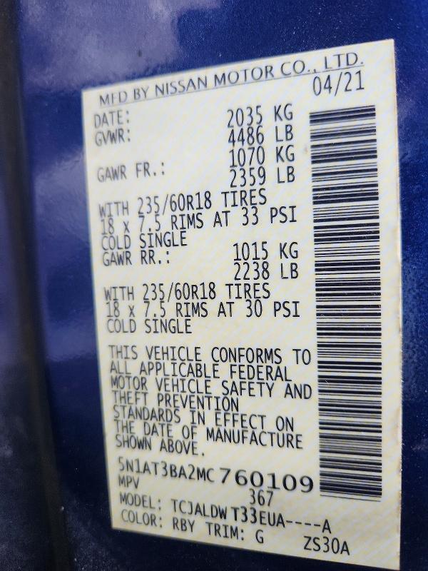 56821706 :رقم المزاد ، 5N1AT3BA2MC760109 vin ، 2021 Nissan Rogue مزاد بيع