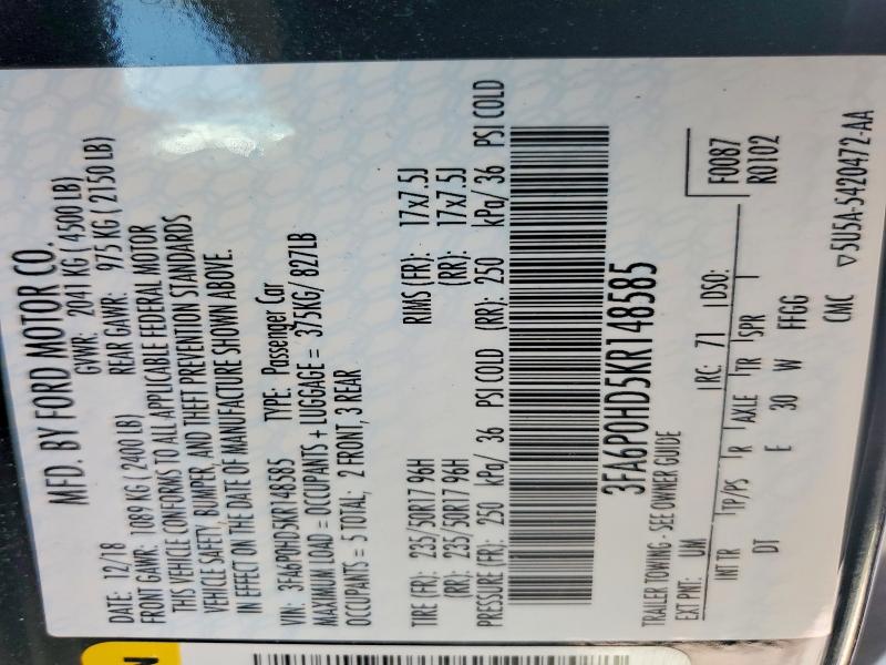 Aukcja sprzedaży 2019 Ford Fusion, vin: 3FA6P0HD5KR148585, numer aukcji: 97683775
