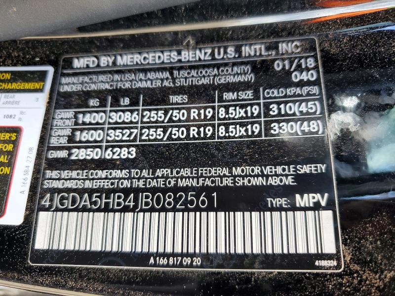 57184296 :رقم المزاد ، 4JGDA5HB4JB082561 vin ، 2018 Mercedes-benz Gle مزاد بيع