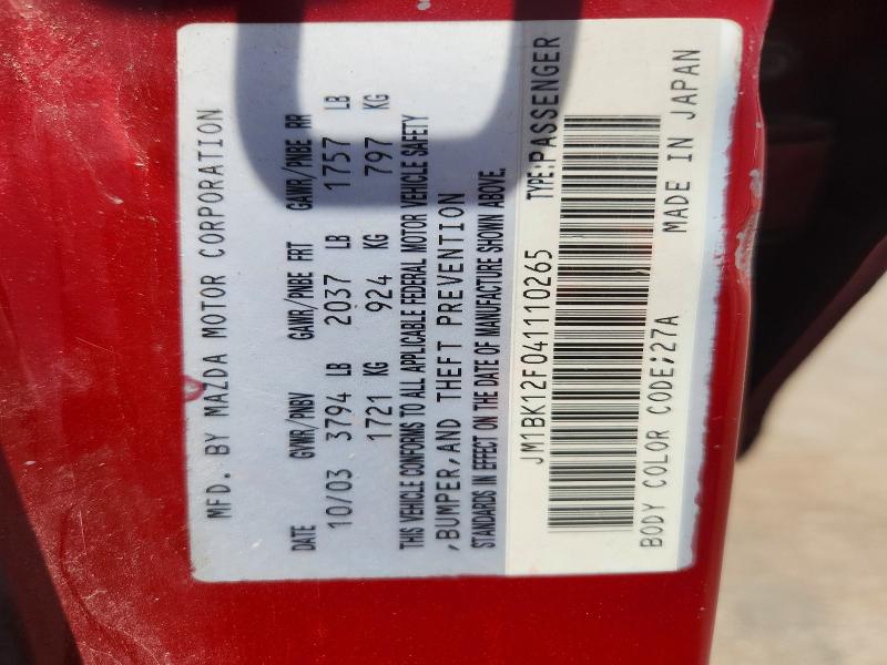 Auction sale of the 2004 Mazda 3, vin: JM1BK12F041110265, lot number: 85986075