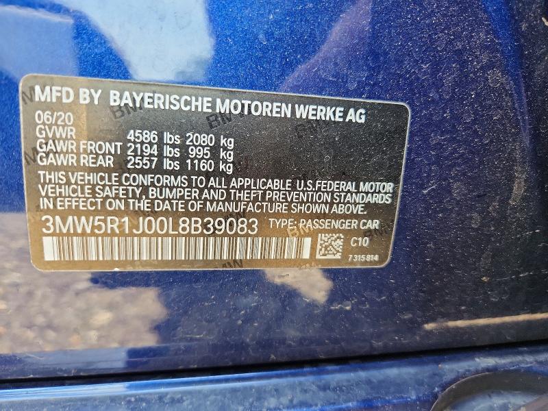 2020 Bmw 330i მანქანა იყიდება აუქციონზე, vin: 3MW5R1J00L8B39083, აუქციონის ნომერი: 56886336