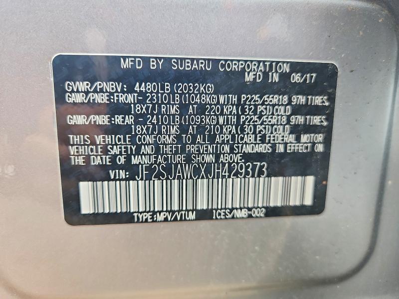 2018 Subaru Forester მანქანა იყიდება აუქციონზე, vin: JF2SJAWCXJH429373, აუქციონის ნომერი: 58405986
