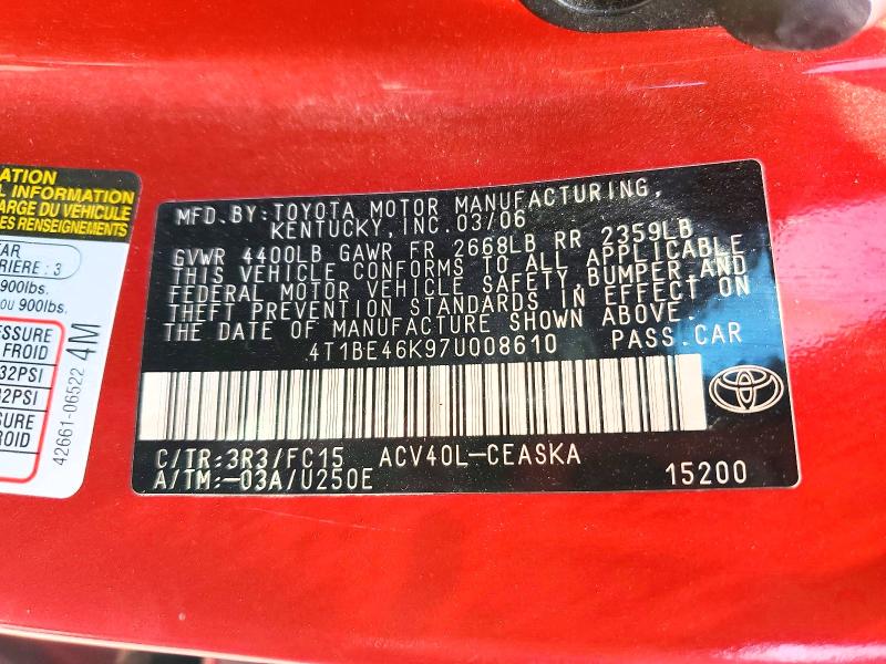 Продаж на аукціоні авто 2007 Toyota Camry, vin: 4T1BE46K97U008610, номер лоту: 56030206