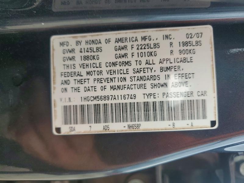 2007 Honda Accord მანქანა იყიდება აუქციონზე, vin: 1HGCM56897A116749, აუქციონის ნომერი: 57365606