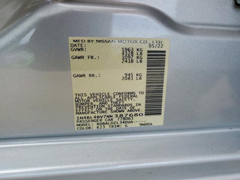 2022 Nissan Altima მანქანა იყიდება აუქციონზე, vin: 1N4BL4BV7NN387680, აუქციონის ნომერი: 58018796