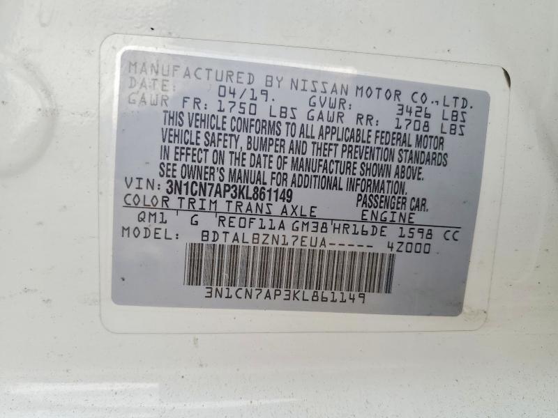 Продажа на аукционе авто 2019 Nissan Versa, vin: 3N1CN7AP3KL861149, номер лота: 56518256