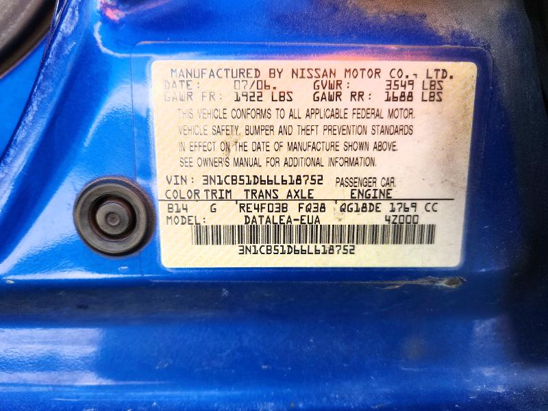Продажа на аукционе авто 2006 Nissan Sentra, vin: 3N1CB51D66L618752, номер лота: 57759276