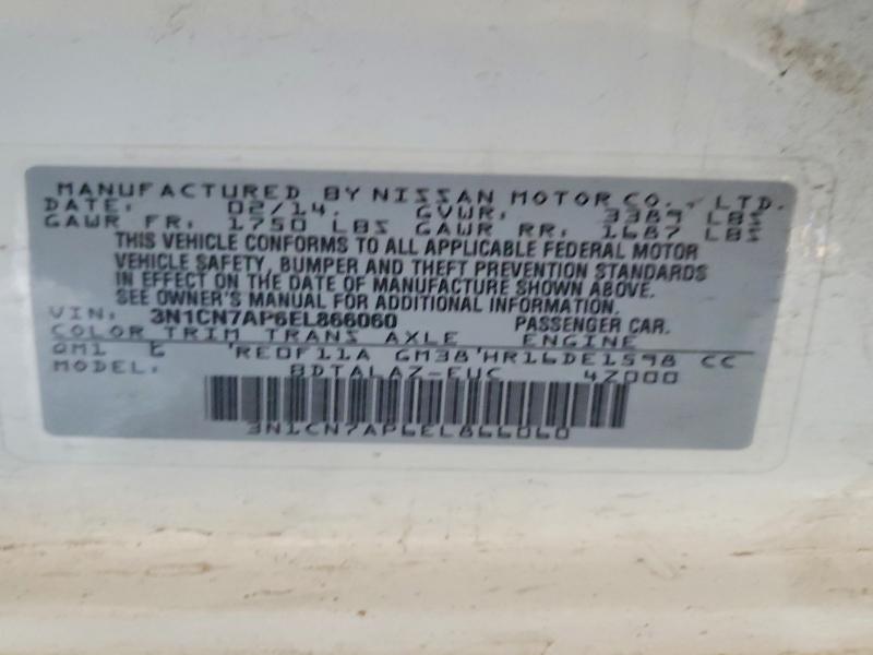 57853926 :رقم المزاد ، 3N1CN7AP6EL866060 vin ، 2014 Nissan Versa مزاد بيع