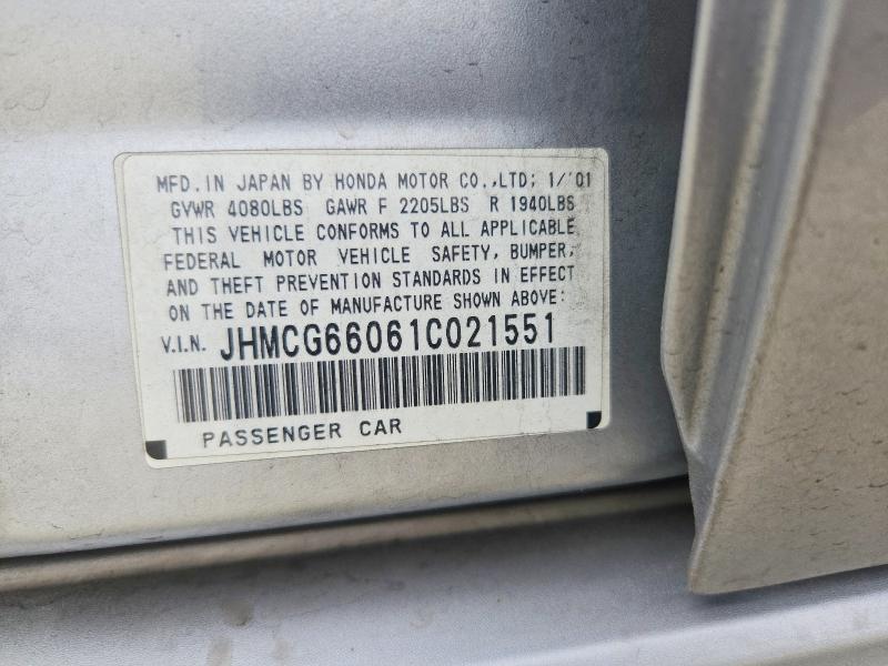 Aukcja sprzedaży 2001 Honda Accord, vin: JHMCG66061C021551, numer aukcji: 58332876