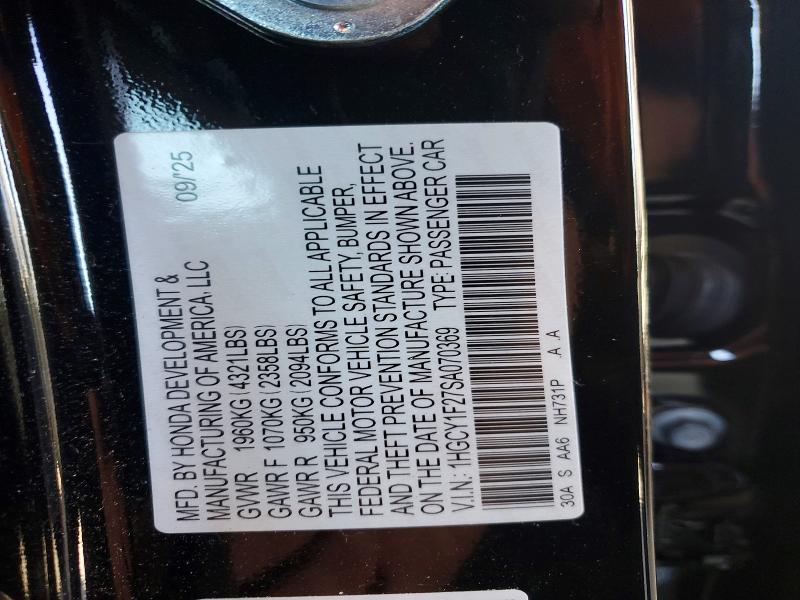 Aukcja sprzedaży 2025 Honda Accord, vin: 1HGCY1F27SA070369, numer aukcji: 56159686