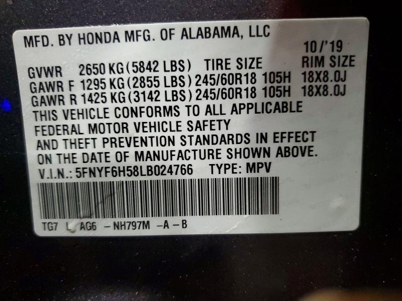 Aukcja sprzedaży 2020 Honda Pilot, vin: 5FNYF6H58LB024766, numer aukcji: 55928116
