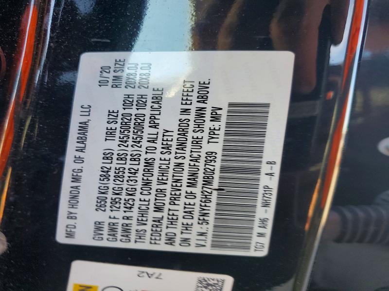 2021 Honda Pilot მანქანა იყიდება აუქციონზე, vin: 5FNYF6H27MB027939, აუქციონის ნომერი: 57051956