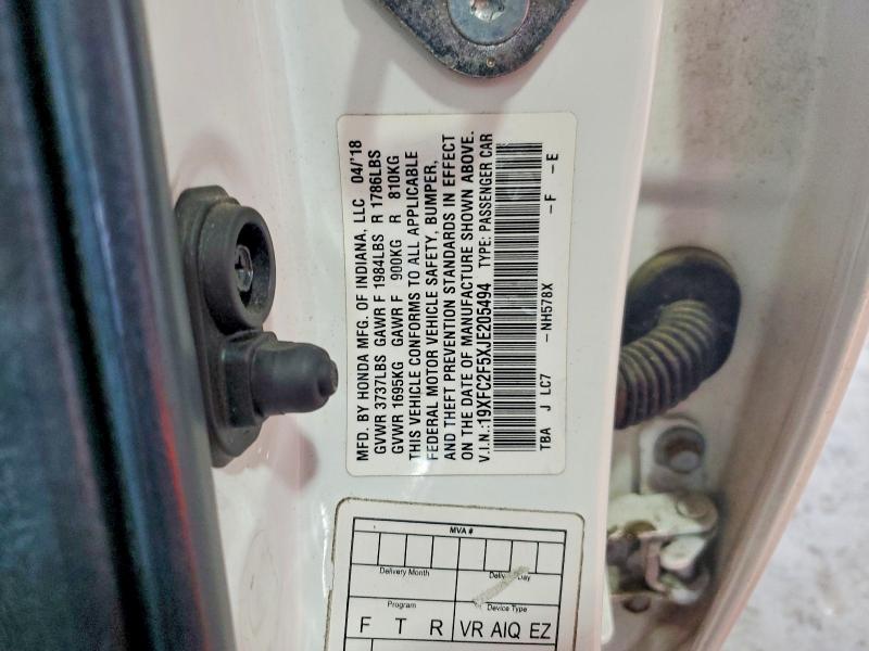 Aukcja sprzedaży 2018 Honda Civic, vin: 19XFC2F5XJE205494, numer aukcji: 58252506