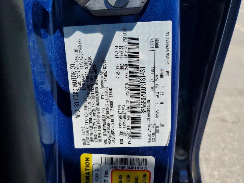 2018 Ford Fusion მანქანა იყიდება აუქციონზე, vin: 3FA6P0PU0JR181431, აუქციონის ნომერი: 85604695