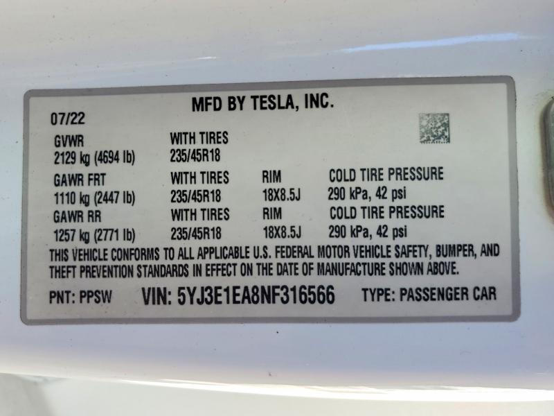 Продажа на аукционе авто 2022 Tesla Model 3, vin: 5YJ3E1EA8NF316566, номер лота: 57034106