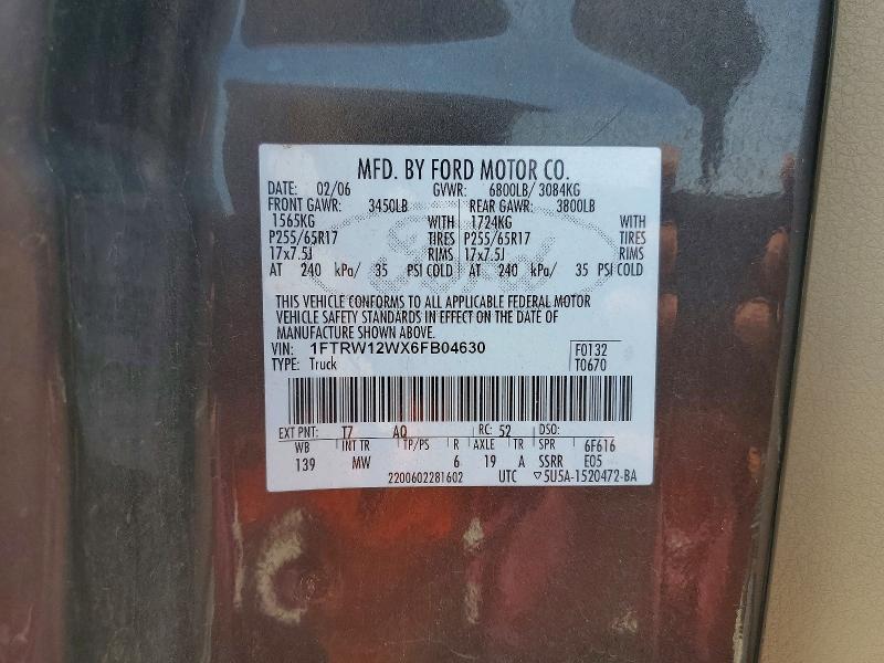 58991866 :رقم المزاد ، 1FTRW12WX6FB04630 vin ، 2006 Ford F150 مزاد بيع