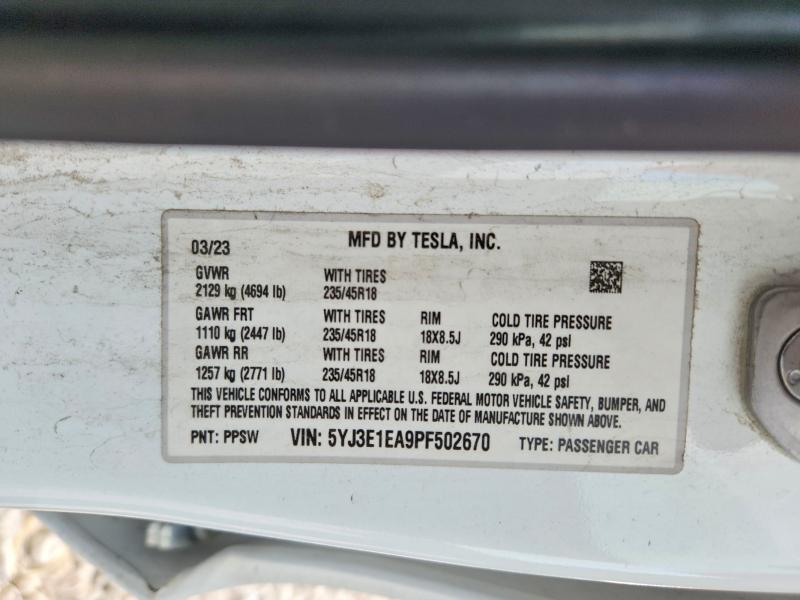 57060226 :رقم المزاد ، 5YJ3E1EA9PF502670 vin ، 2023 Tesla Model 3 مزاد بيع