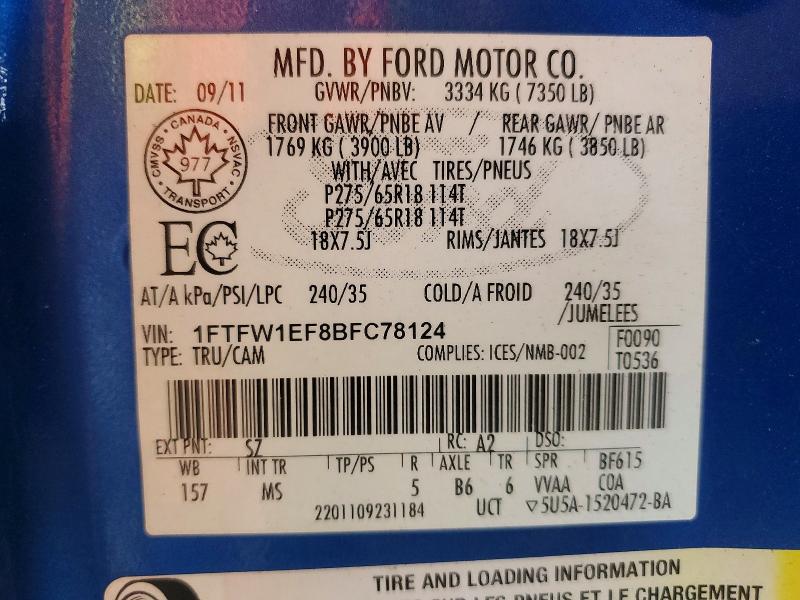 Продажа на аукционе авто 2011 Ford F150, vin: 1FTFW1EF8BFC78124, номер лота: 54598056