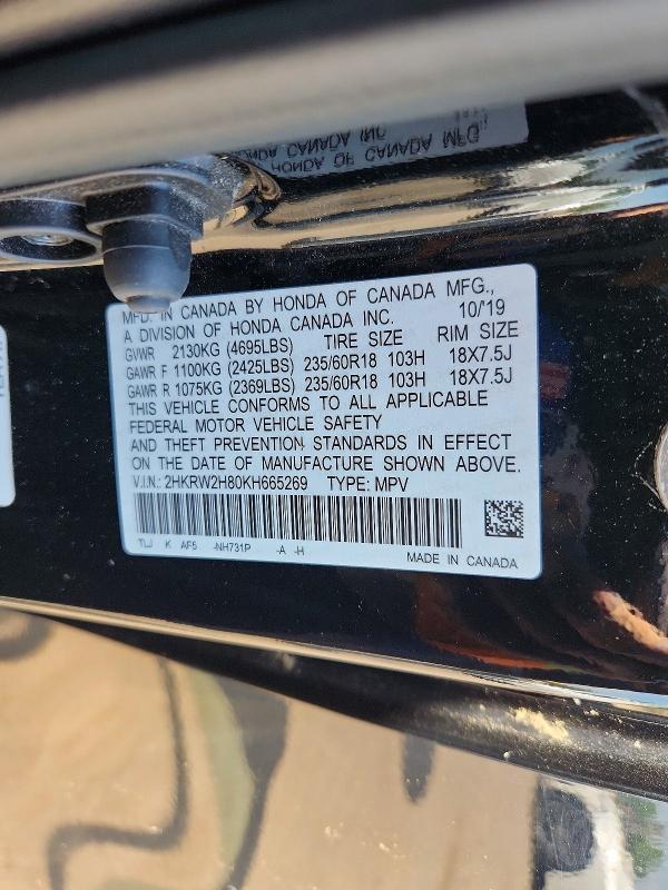 56740256 :رقم المزاد ، 2HKRW2H80KH665269 vin ، 2019 Honda Cr-v مزاد بيع