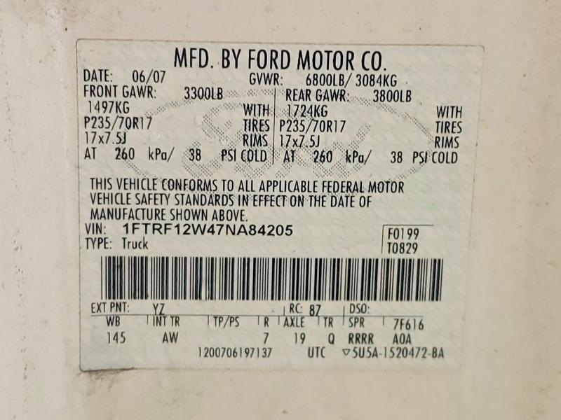 Aukcja sprzedaży 2007 Ford F150, vin: 1FTRF12W47NA84205, numer aukcji: 56612916