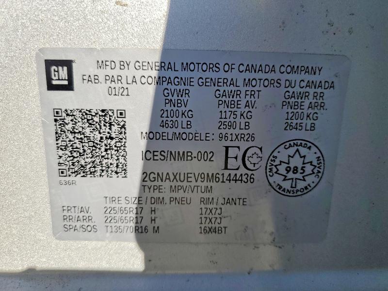Продажа на аукционе авто 2021 Chevrolet Equinox, vin: 2GNAXUEV9M6144436, номер лота: 55762376