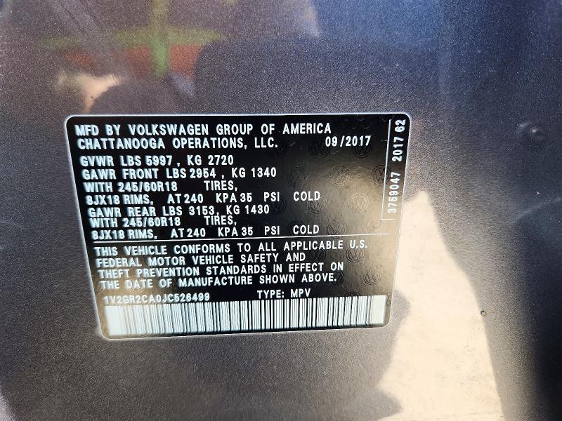 58400406 :رقم المزاد ، 1V2GR2CA0JC526499 vin ، 2018 Volkswagen Atlas مزاد بيع