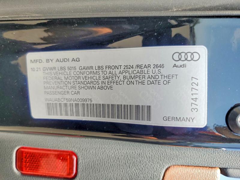 2022 Audi A5 მანქანა იყიდება აუქციონზე, vin: WAUABCF59NA009975, აუქციონის ნომერი: 57024566