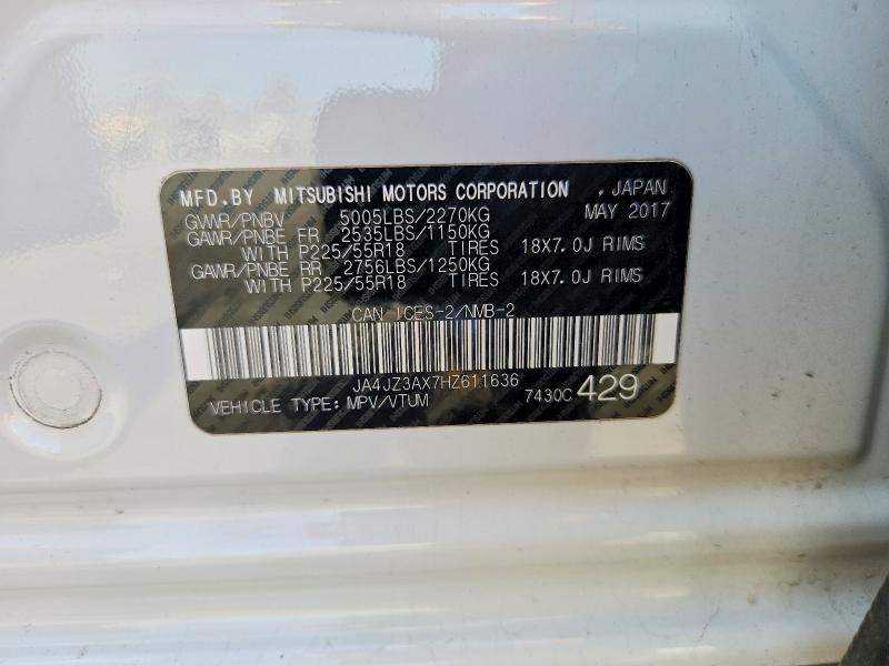 2017 Mitsubishi Outlander მანქანა იყიდება აუქციონზე, vin: JA4JZ3AX7HZ611636, აუქციონის ნომერი: 56572246