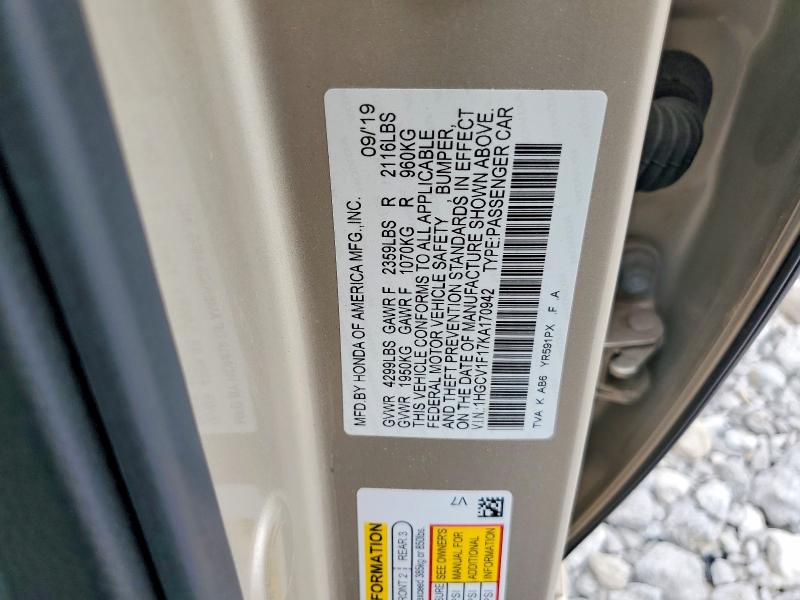 56714846 :رقم المزاد ، 1HGCV1F17KA170942 vin ، 2019 Honda Accord مزاد بيع
