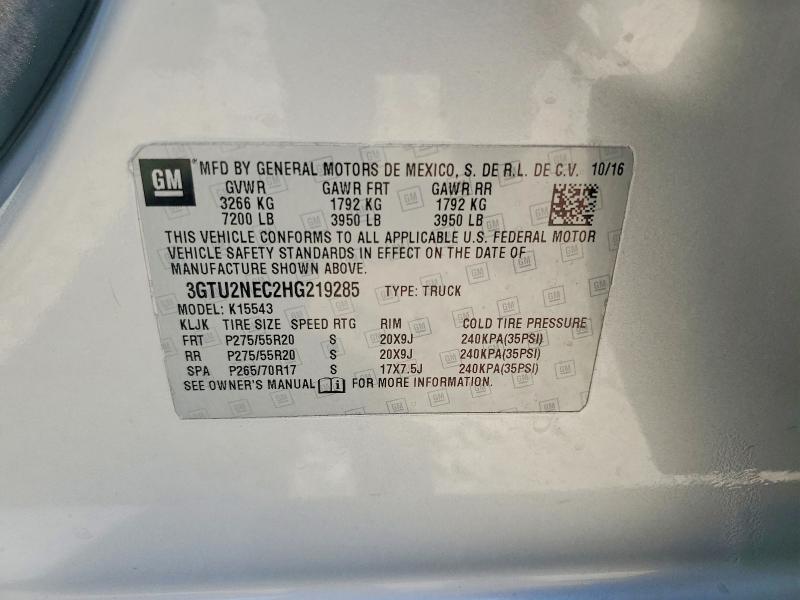 Продаж на аукціоні авто 2017 Gmc Sierra, vin: 3GTU2NEC2HG219285, номер лоту: 58590506