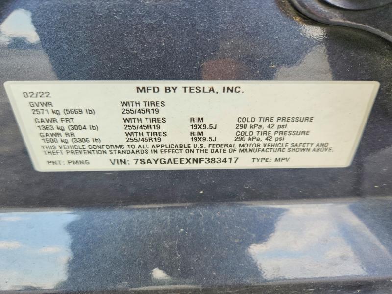 57269036 :رقم المزاد ، 7SAYGAEEXNF383417 vin ، 2022 Tesla Model Y مزاد بيع