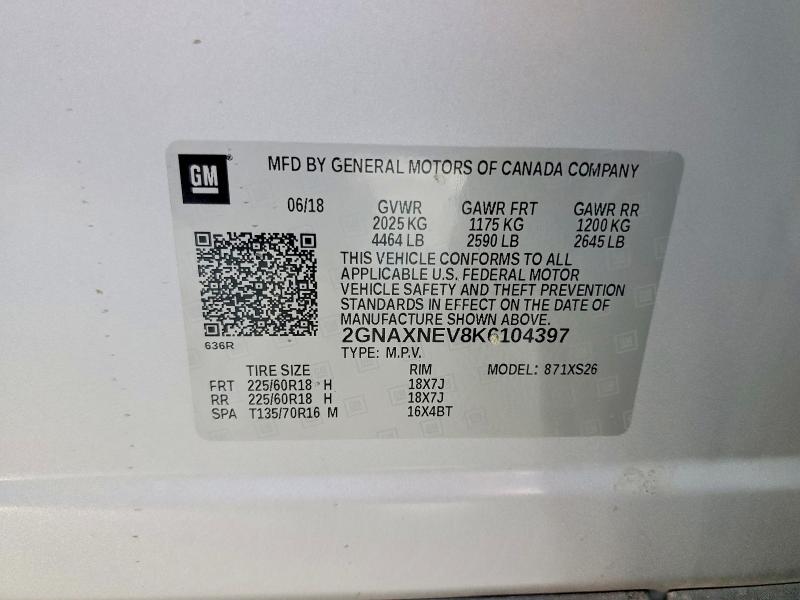 2019 Chevrolet Equinox მანქანა იყიდება აუქციონზე, vin: 2GNAXNEV8K6104397, აუქციონის ნომერი: 58942716
