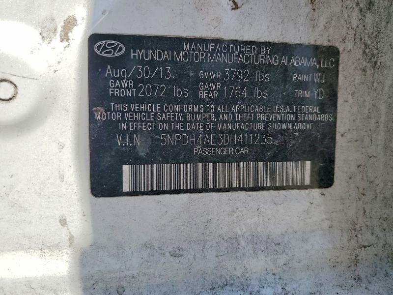 2013 Hyundai Elantra მანქანა იყიდება აუქციონზე, vin: 5NPDH4AE3DH411235, აუქციონის ნომერი: 58640946