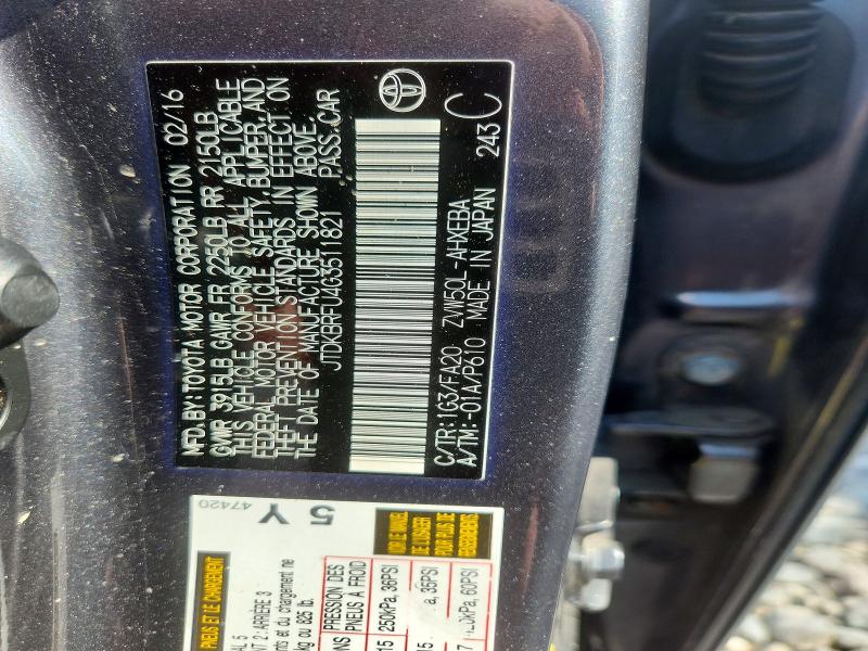 Aukcja sprzedaży 2016 Toyota Prius, vin: JTDKBRFU4G3511821, numer aukcji: 58308696