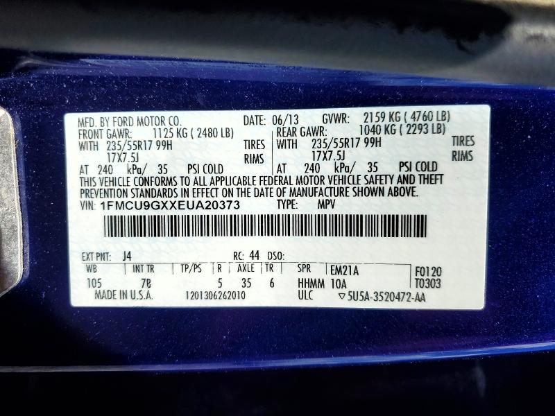 2014 Ford Escape მანქანა იყიდება აუქციონზე, vin: 1FMCU9GXXEUA20373, აუქციონის ნომერი: 58108836