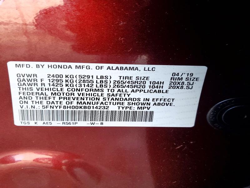 57690286 :رقم المزاد ، 5FNYF8H00KB014232 vin ، 2019 Honda Passport مزاد بيع