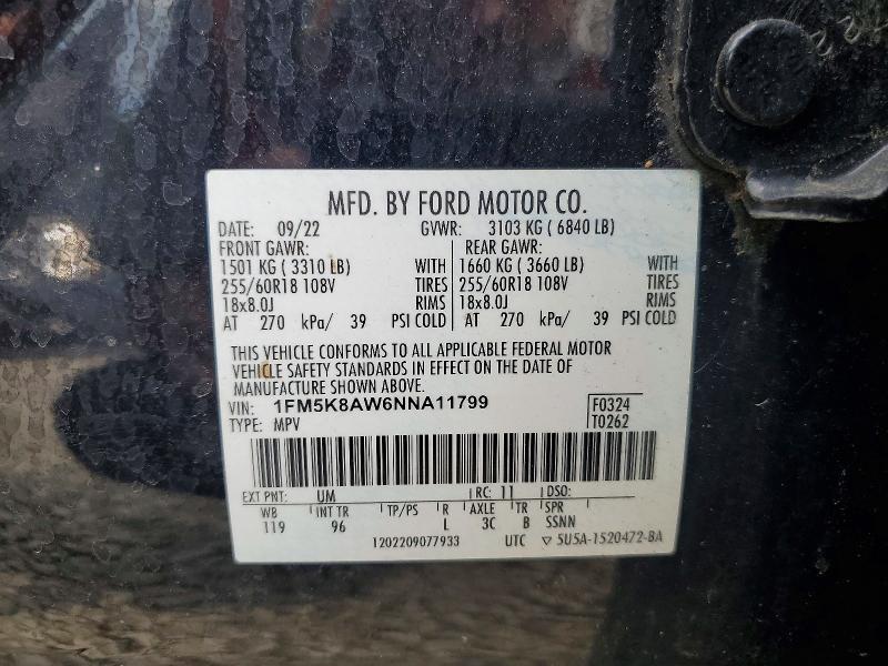 2022 Ford Explorer მანქანა იყიდება აუქციონზე, vin: 1FM5K8AW6NNA11799, აუქციონის ნომერი: 57401016
