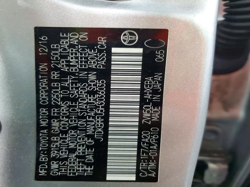 56701206 :رقم المزاد ، JTDKBRFU5H3036035 vin ، 2017 Toyota Prius مزاد بيع