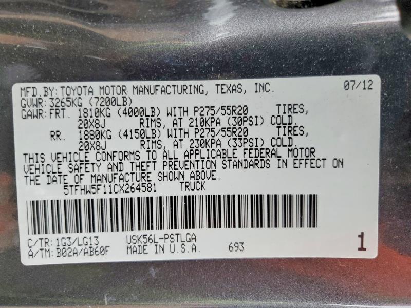 Продажа на аукционе авто 2012 Toyota Tundra, vin: 5TFHW5F11CX264581, номер лота: 56570936
