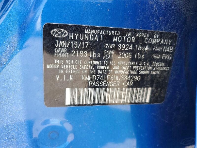 2017 Hyundai Elantra მანქანა იყიდება აუქციონზე, vin: KMHD74LF6HU384290, აუქციონის ნომერი: 57598826