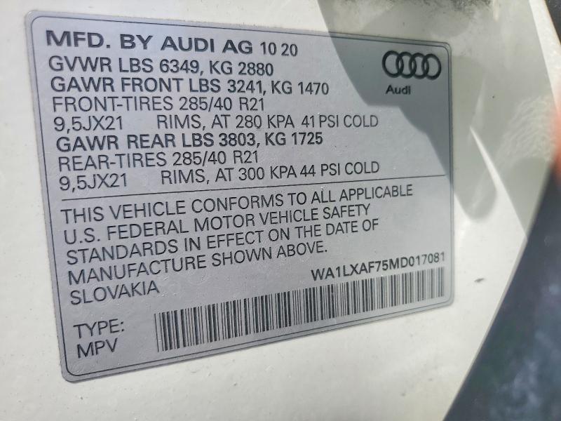 2021 Audi Q7 მანქანა იყიდება აუქციონზე, vin: WA1LXAF75MD017081, აუქციონის ნომერი: 58724756