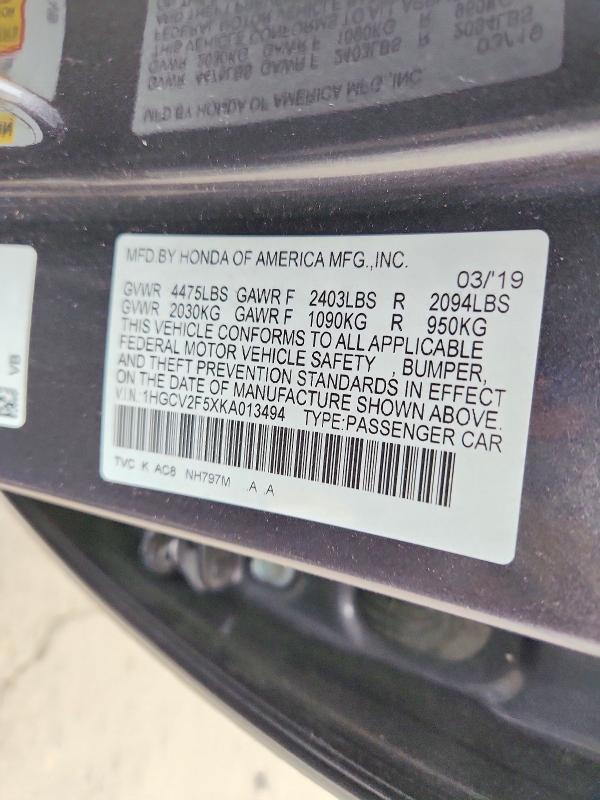 57623776 :رقم المزاد ، 1HGCV2F5XKA013494 vin ، 2019 Honda Accord مزاد بيع