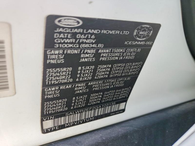 Aukcja sprzedaży 2016 Land Rover Range Rover Sport, vin: SALWR2EF2GA103135, numer aukcji: 57178966